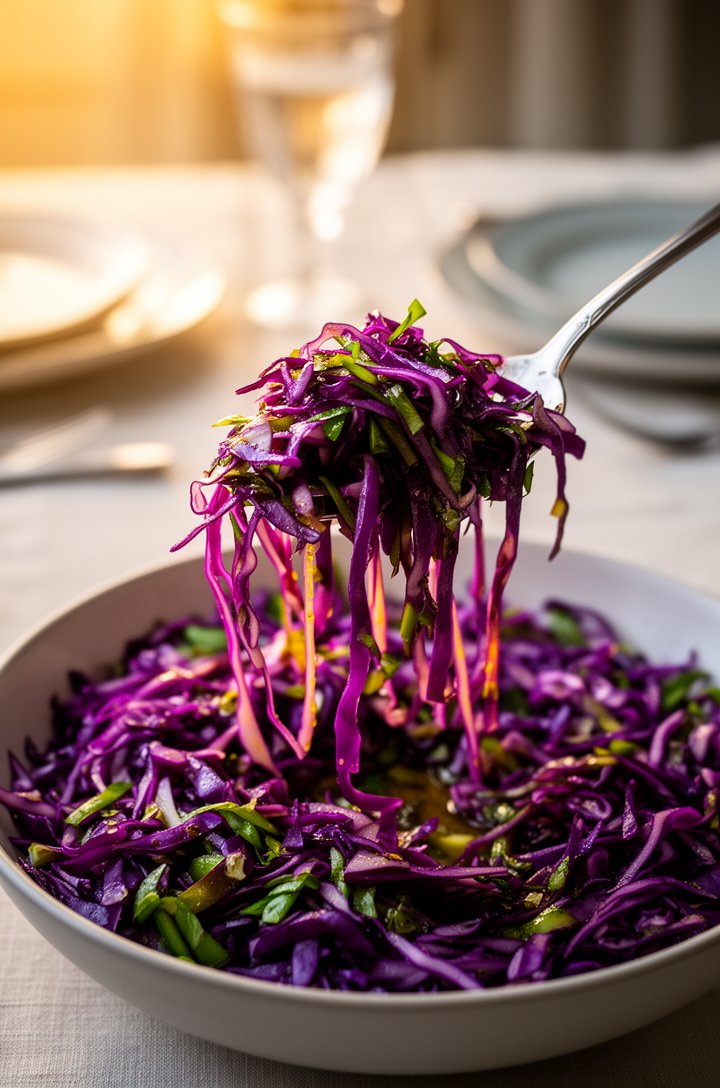Close-up side angle of a serving spoon lifting a generous portion of dressed cabbage salad from the bowl, cabbage ribbons dangling and glistening with vinaigrette, the purple and green colors vivid ag