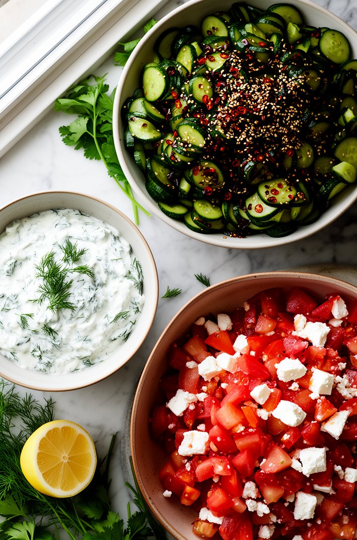 Extreme close-up overhead shot of a large spread with three different cucumber salads in ceramic bowls on a marble surface — one creamy white with dill, one glossy dark with sesame seeds and chili fla