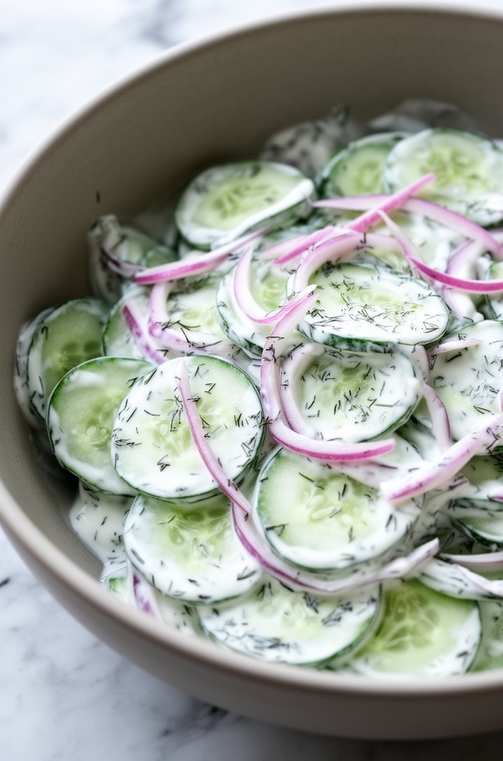 Extreme close-up overhead macro shot of creamy cucumber salad in a wide neutral ceramic bowl, paper-thin translucent cucumber rounds coated in white sour cream dressing, dried dill flecks visible thro