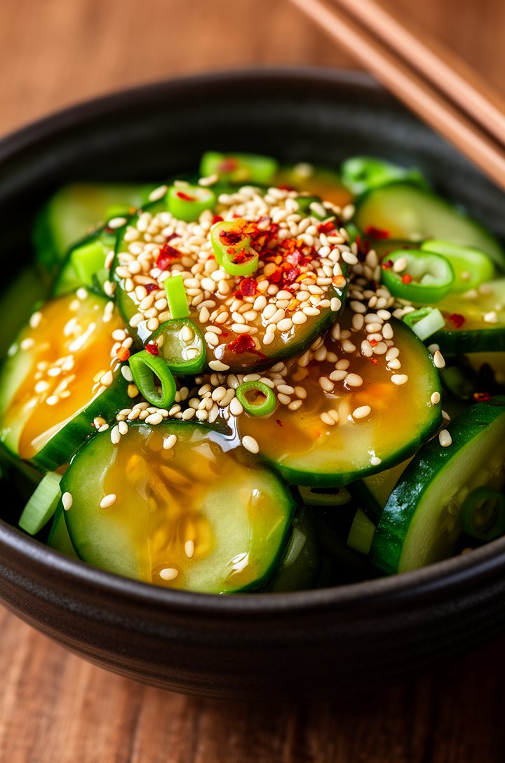 Extreme close-up macro shot of Asian sesame cucumber salad in a dark ceramic bowl on a wooden surface, vibrant green cucumber rounds glistening with amber-tinted soy-sesame dressing, generous scatteri