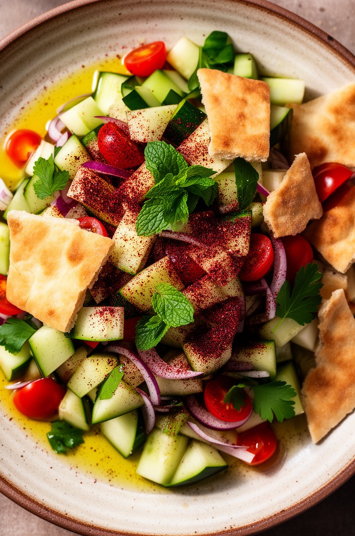 Extreme close-up overhead shot of fattoush-style cucumber salad on a rustic ceramic plate, chunky diced cucumber pieces mixed with halved cherry tomatoes and torn crispy golden pita chips, visible dee