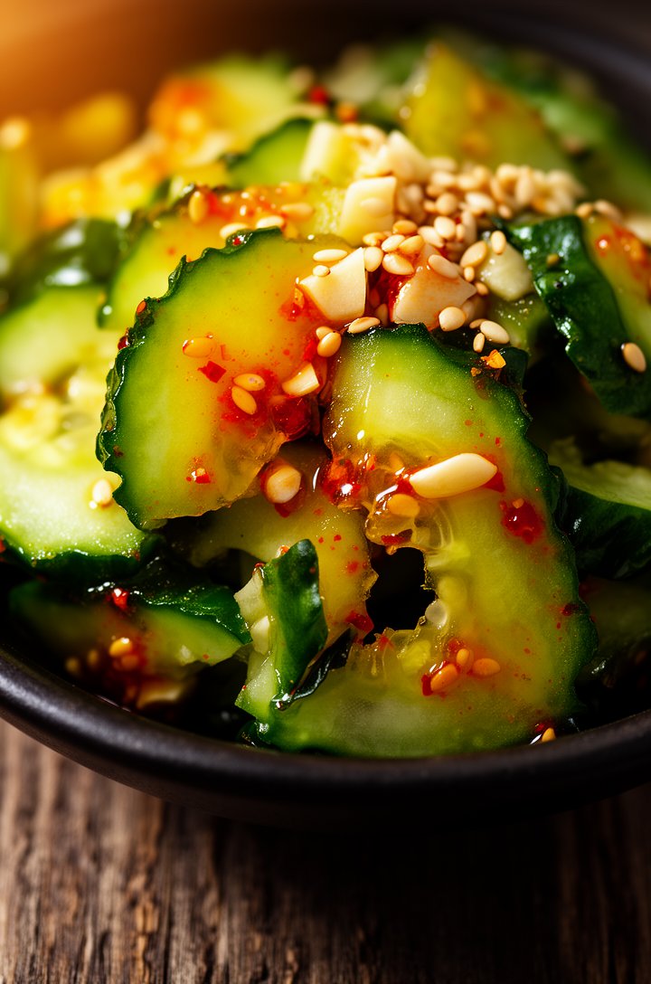 Extreme close-up macro shot of smashed cucumber salad, irregular jagged cucumber pieces with rough torn edges glistening with amber chili oil and sesame dressing, visible minced raw garlic pieces and 