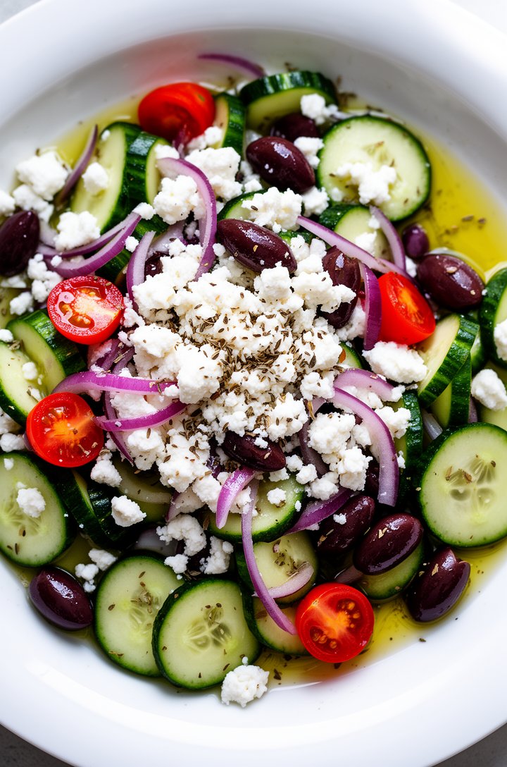 Extreme close-up overhead macro shot of Greek cucumber salad in a wide white bowl, thick cucumber half-moons mixed with halved bright red cherry tomatoes, dark purple Kalamata olives, generous white f