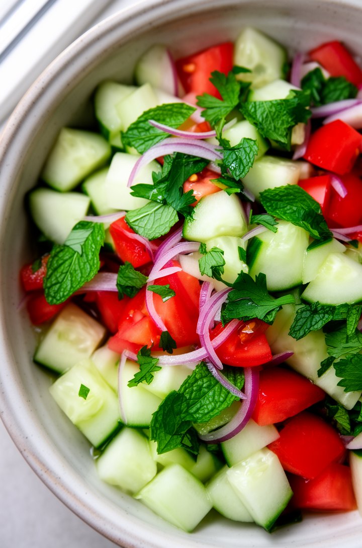 Extreme close-up macro overhead shot of cucumber tomato salad in a ceramic bowl, chunky diced pale green cucumber and bright red ripe tomato pieces mixed together, thin red onion slivers, torn bright 