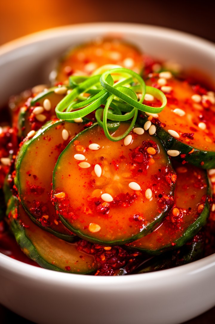 Extreme close-up macro shot of Korean cucumber salad, thin cucumber rounds coated in vibrant red-orange gochugaru dressing, visible red pepper flakes clinging to every surface, white sesame seeds scat