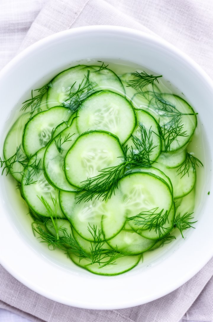Extreme close-up macro overhead shot of German cucumber salad, paper-thin translucent cucumber slices in a pool of clear sweet vinegar dressing, feathery green dill fronds scattered throughout, slices
