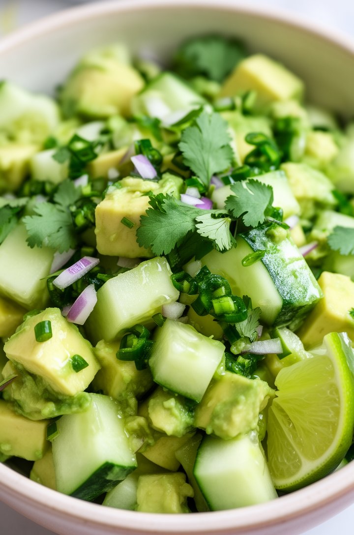 Extreme close-up macro shot of cucumber avocado salad from slightly above at 20-degree angle, chunky diced pale green cucumber cubes and creamy pale-green avocado pieces, bright green cilantro leaves 