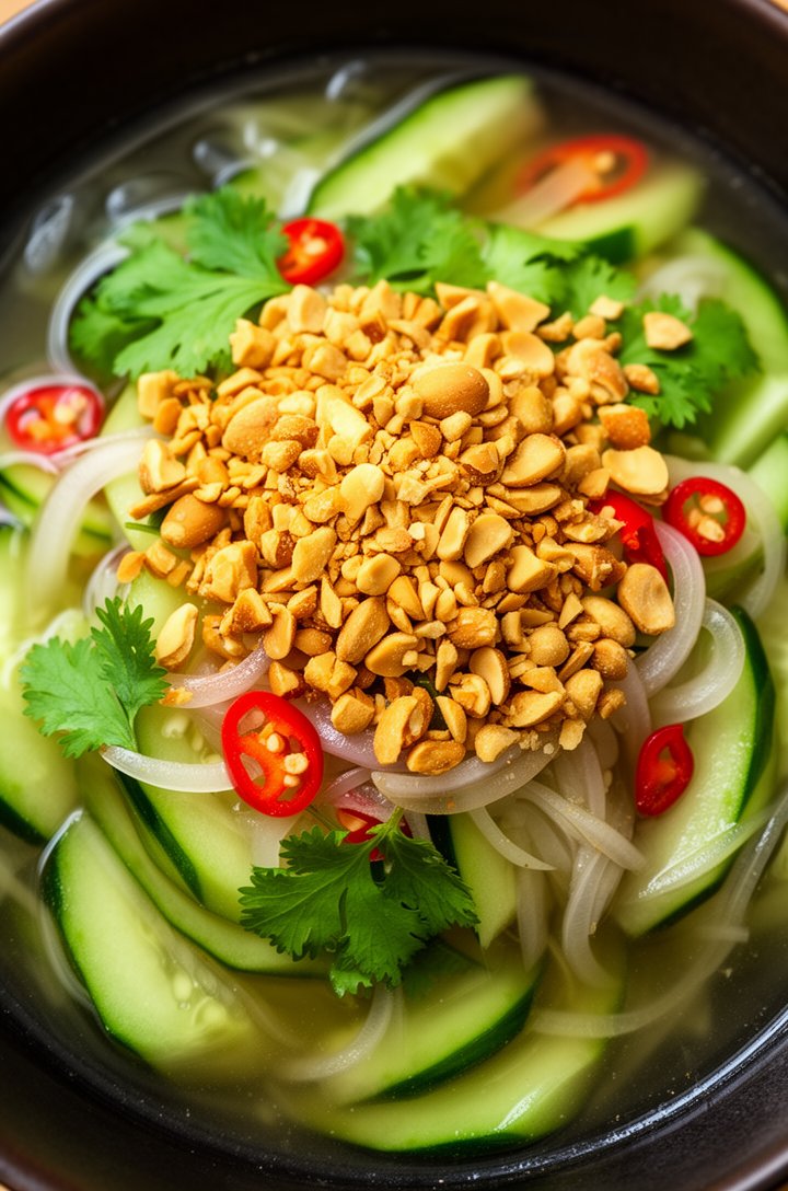 Extreme close-up macro overhead shot of Thai cucumber salad, cucumber half-moons in a glistening clear lime-fish sauce dressing, generous scattering of roughly crushed golden roasted peanuts on top, b