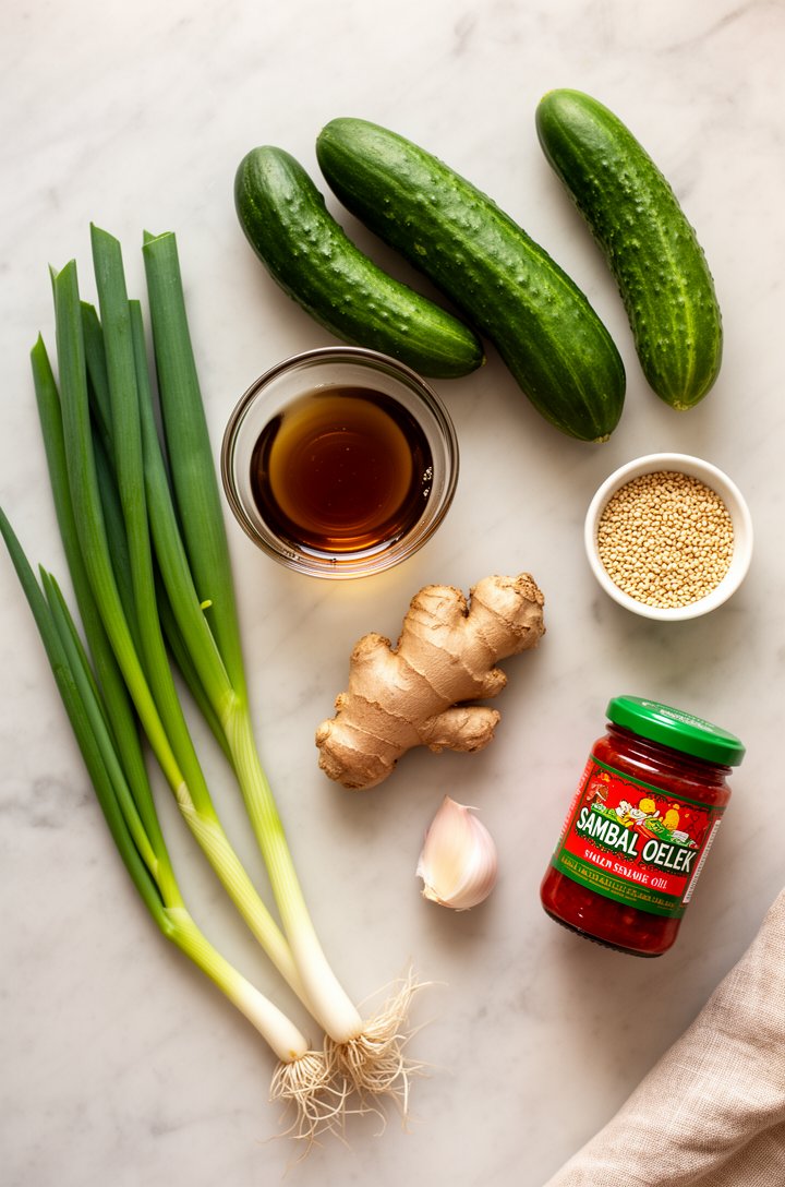 Overhead flat-lay mise en place of cucumber salad ingredients on a light marble surface — whole Persian cucumbers, a small glass bowl of rice vinegar, a ramekin of dark toasted sesame oil, fresh scall