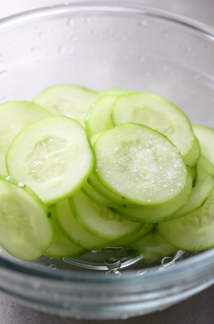Close-up 30-degree angle of thinly sliced cucumber rounds in a glass mixing bowl, glistening with salt and visibly releasing water droplets, translucent pale green slices overlapping, a few drops of w