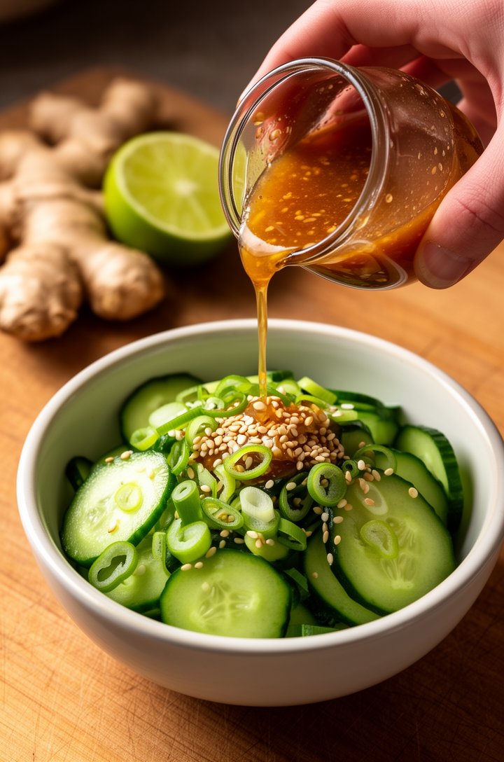 Action shot of a hand pouring amber-colored sesame-ginger dressing from a small glass pitcher over a bowl of drained cucumber slices with scattered scallion rings and sesame seeds mid-pour, the dressi