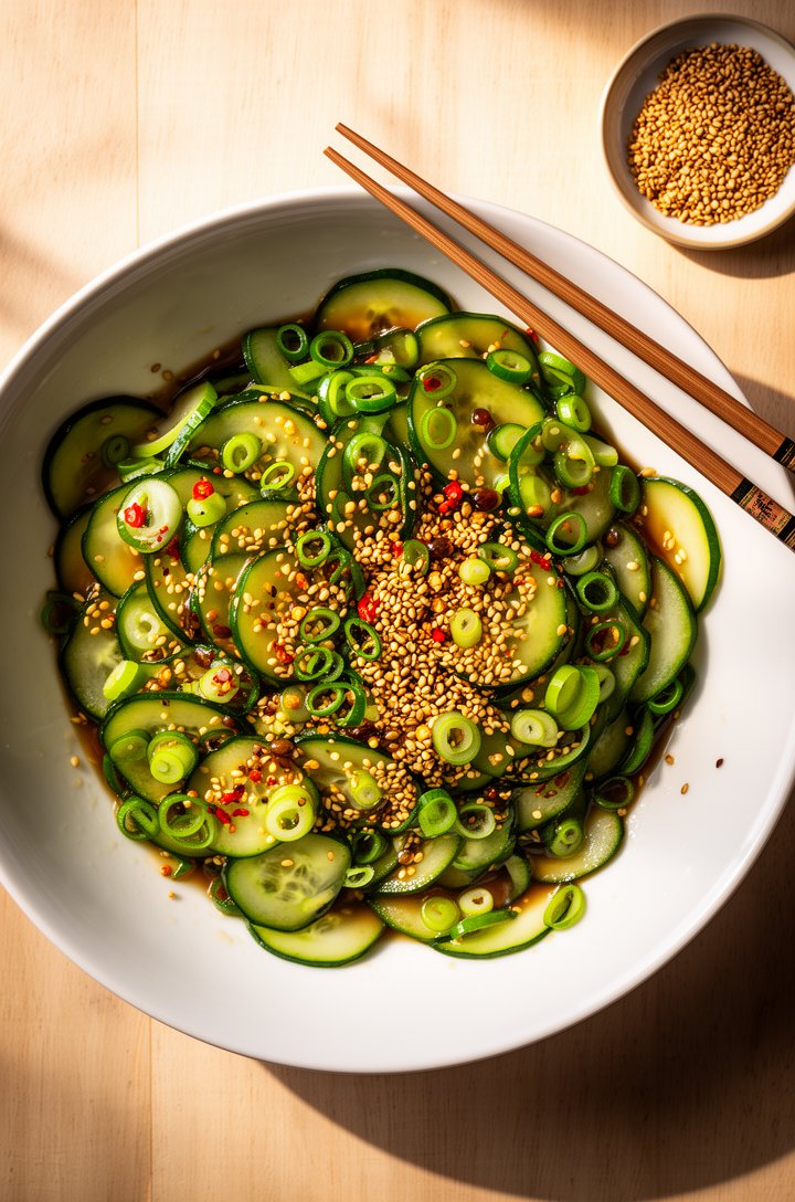 Overhead beauty shot of the finished Asian cucumber salad in a wide shallow white ceramic bowl, thin translucent cucumber rounds coated in glossy dressing, generous scattering of golden toasted sesame