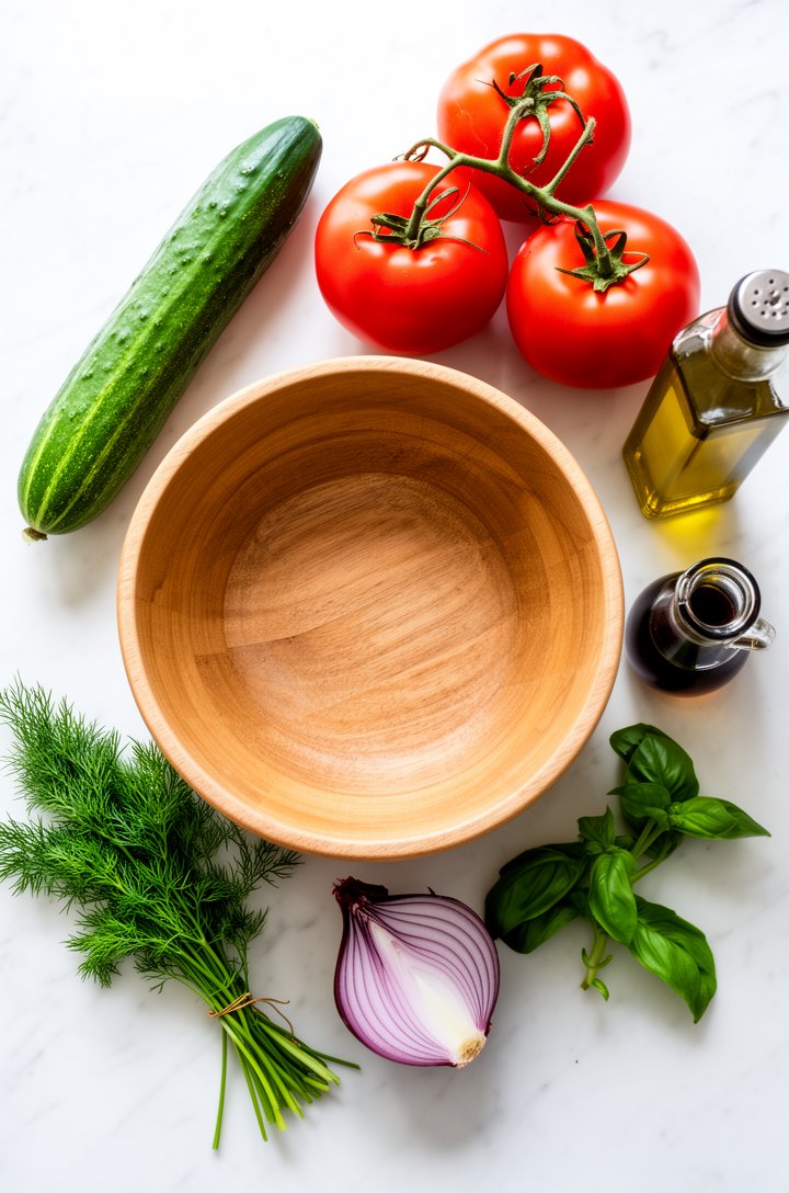 Overhead flat-lay of salad ingredients arranged on a white marble countertop before assembly — a whole English cucumber, three large ripe red tomatoes on the vine, half a red onion, a small bunch of f