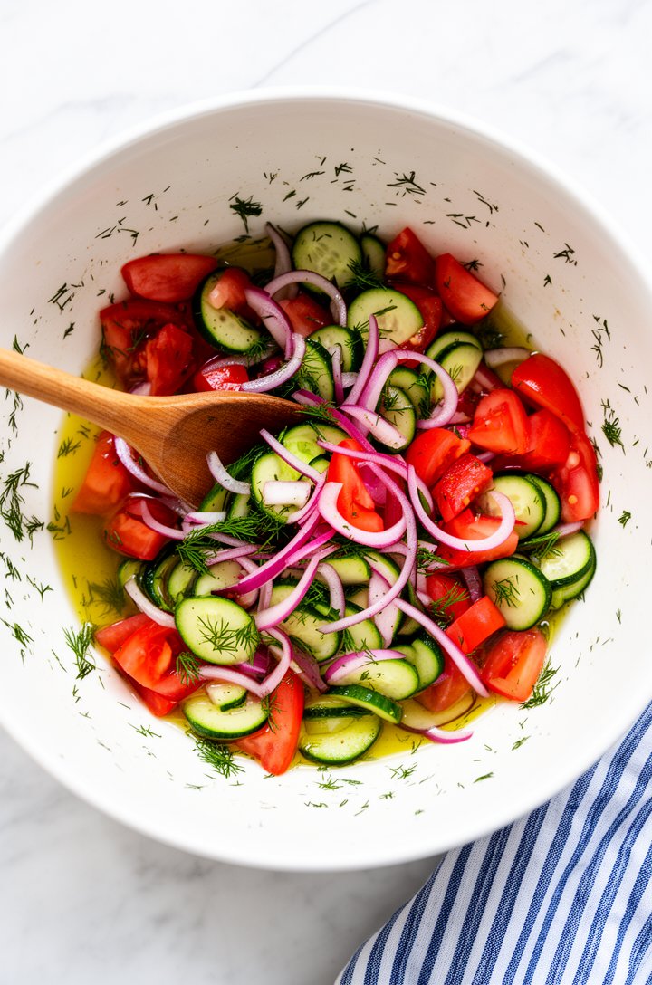 Close-up overhead shot looking directly into a large white ceramic shallow bowl filled with cucumber tomato salad being tossed — a wooden spoon mid-motion, chunky red tomato wedges and thin green cucu