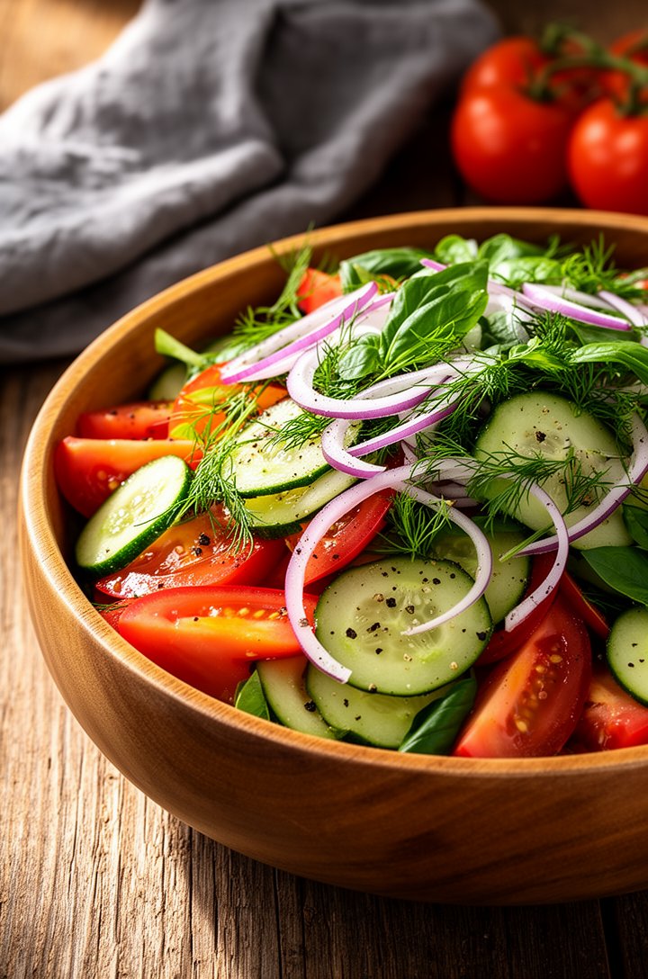 Side angle hero shot at 30 degrees of the finished cucumber tomato salad in a large wooden salad bowl on a rustic wood surface, tomato wedges glistening with vinaigrette, cucumber rounds with visible 