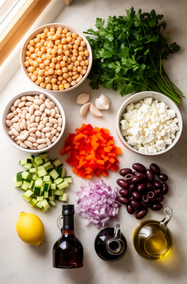 Overhead flat-lay of dense bean salad ingredients arranged on a light marble countertop before assembly — a bowl of drained chickpeas, a bowl of white cannellini beans, small piles of finely diced red