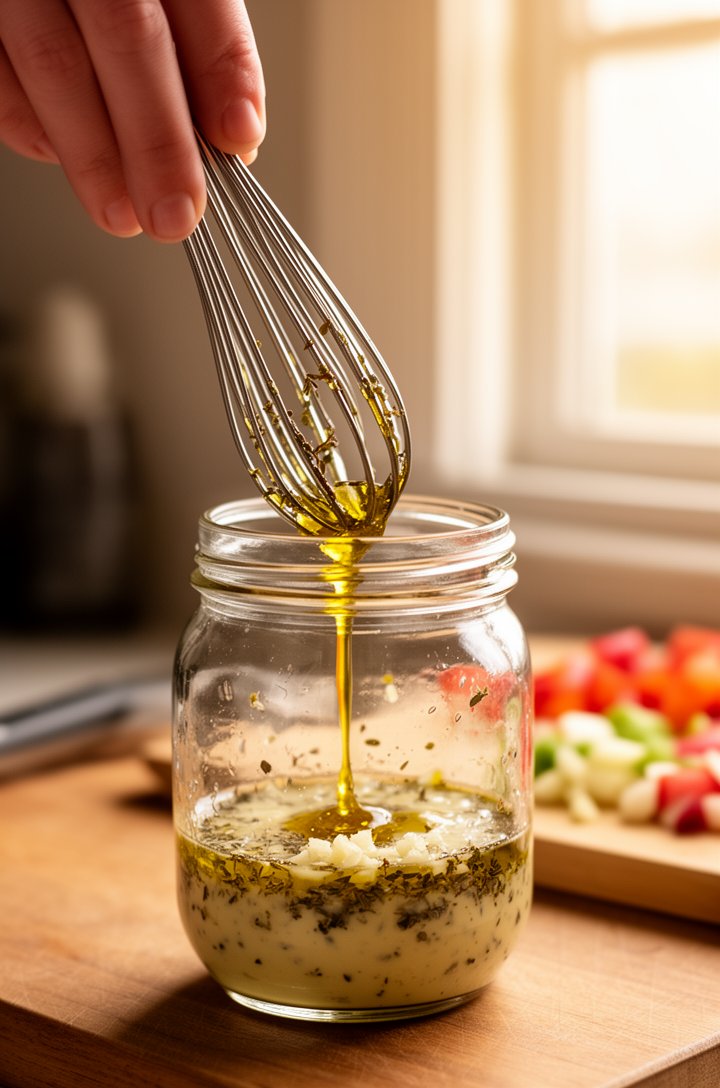 Close-up 30-degree angle shot of a hand whisking dressing in a small glass jar — golden olive oil streaming into red wine vinegar with visible flecks of dried oregano, minced garlic bits, and a drizzl