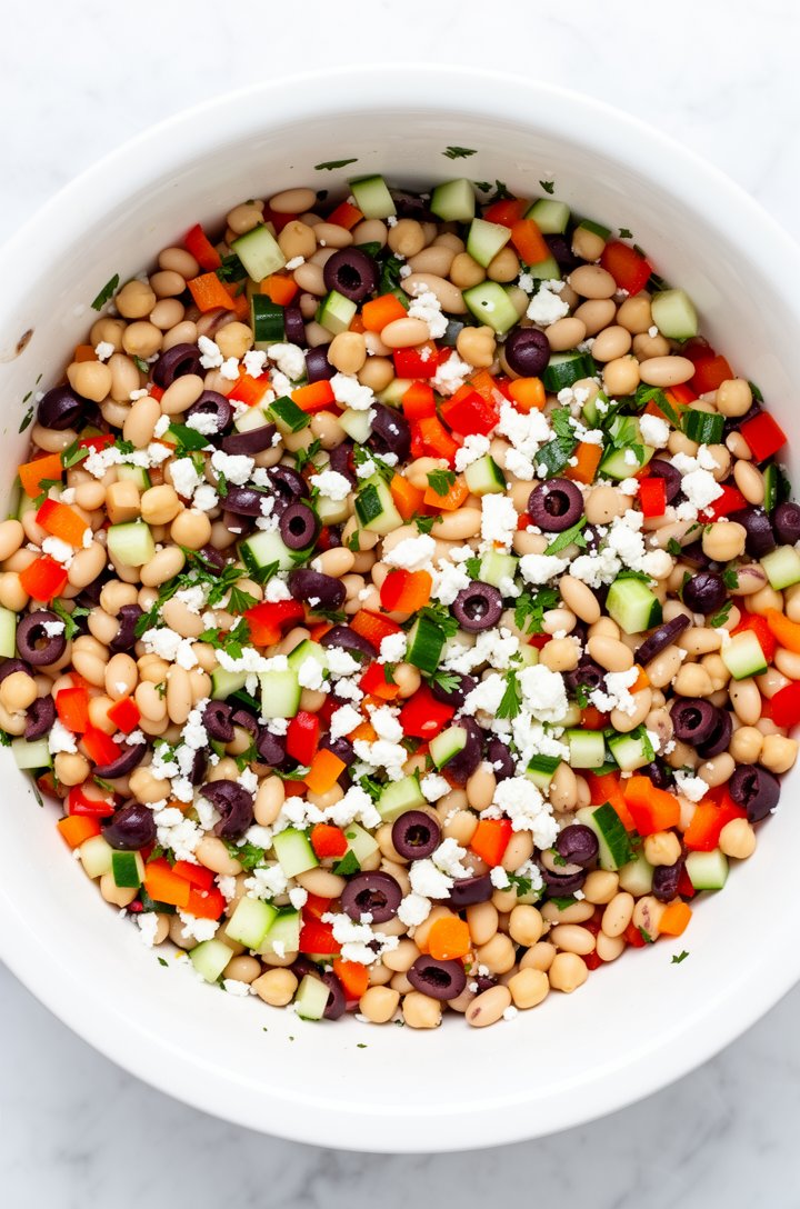 Overhead shot looking directly down into a large white ceramic mixing bowl filled with the assembled dense bean salad before dressing — chickpeas and white beans form the base with colorful confetti o