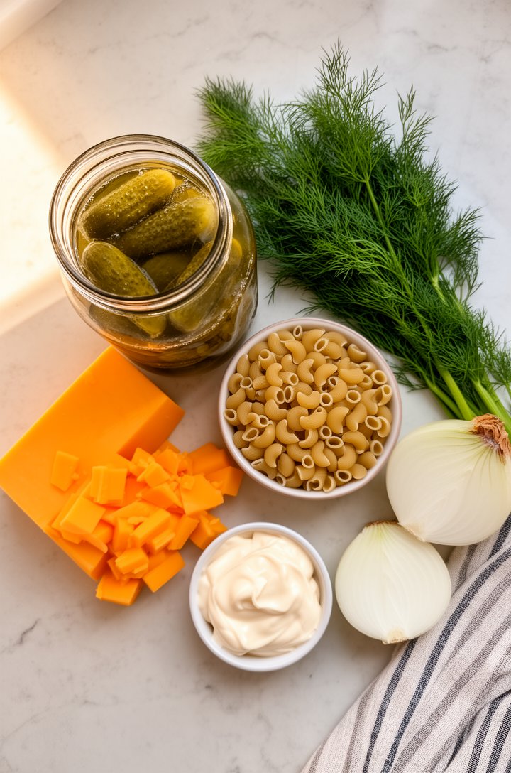 Overhead flat-lay of ingredients for dill pickle pasta salad arranged on a light marble countertop — a glass jar of whole dill pickles with brine visible, a block of sharp orange cheddar cheese partia