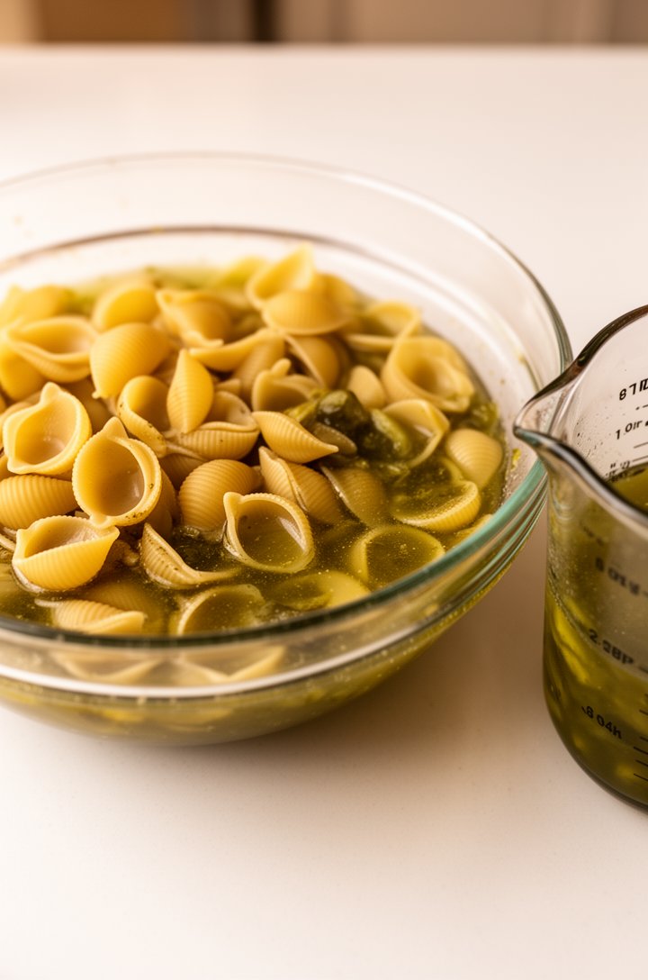 Close-up 45-degree angle of cooked shell pasta in a clear glass bowl being tossed with greenish pickle juice, the liquid pooling slightly at the bottom, shells glistening with brine, a measuring cup o