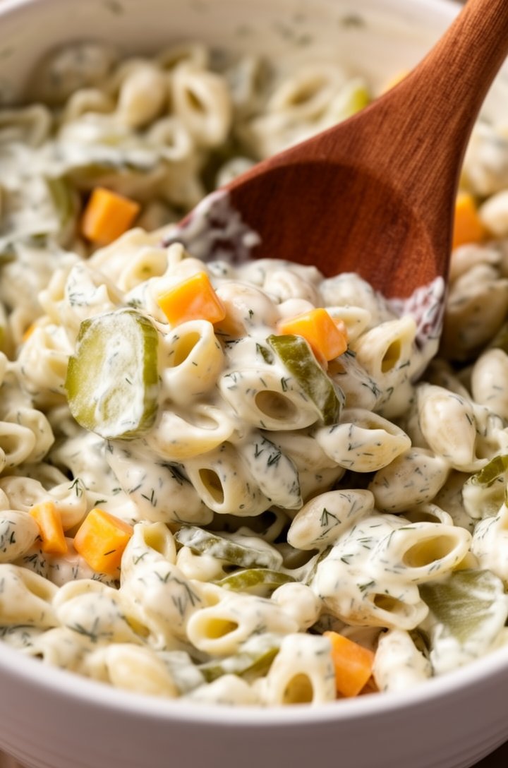 Extreme close-up macro shot of creamy dill pickle pasta salad being scooped with a large wooden serving spoon from a white ceramic bowl, shell pasta coated in thick creamy white dressing with visible 