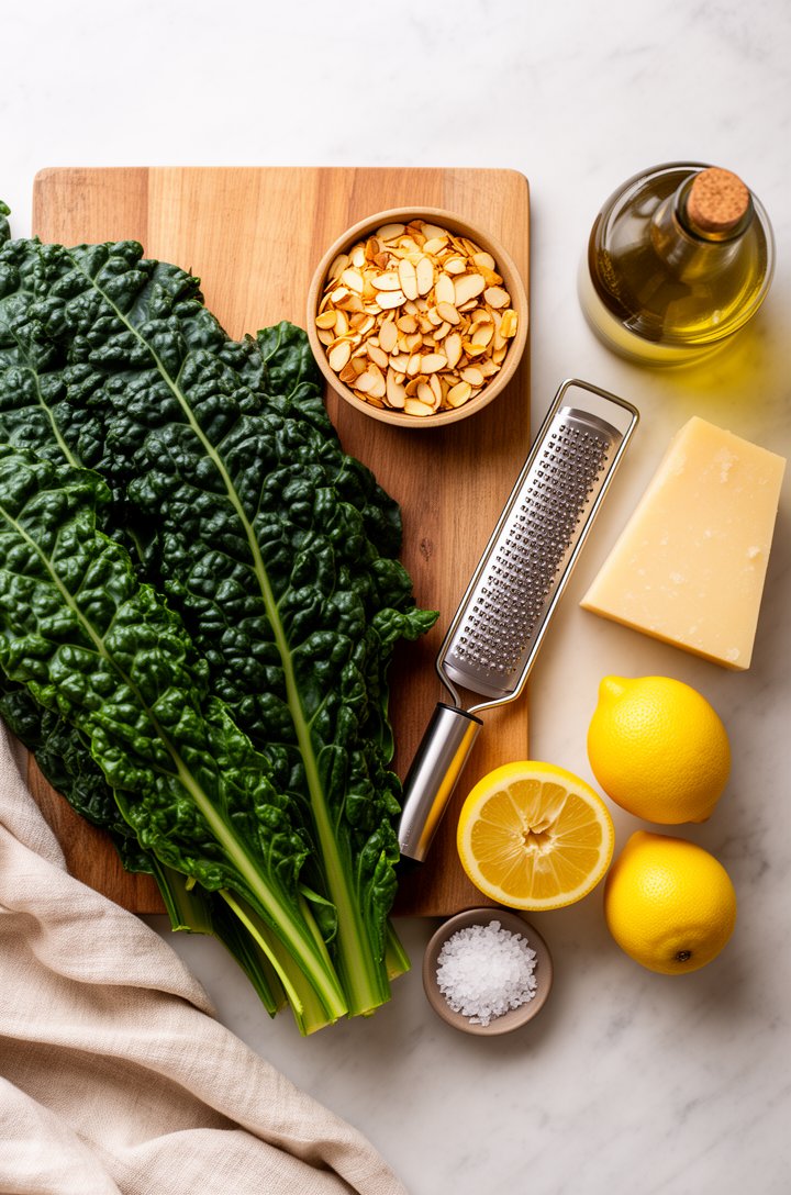 Overhead flat-lay of kale salad ingredients arranged on a light marble surface — a large bunch of dark green lacinato kale on a wooden cutting board, a small bowl of golden toasted sliced almonds, a w