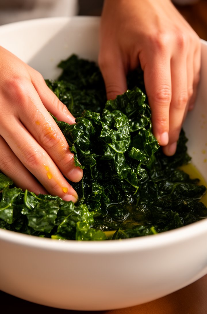 Close-up action shot of two hands massaging dark green kale leaves in a large white ceramic bowl, the kale glistening with olive oil and lemon juice, leaves looking slightly wilted and darker green, v
