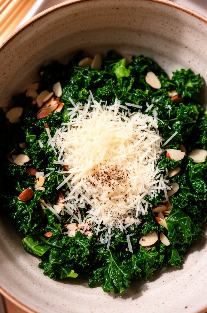 Overhead close-up of freshly grated Parmesan cheese being scattered over massaged dark green kale in a large speckled ceramic bowl, some toasted almond slices already visible among the leaves, a few t