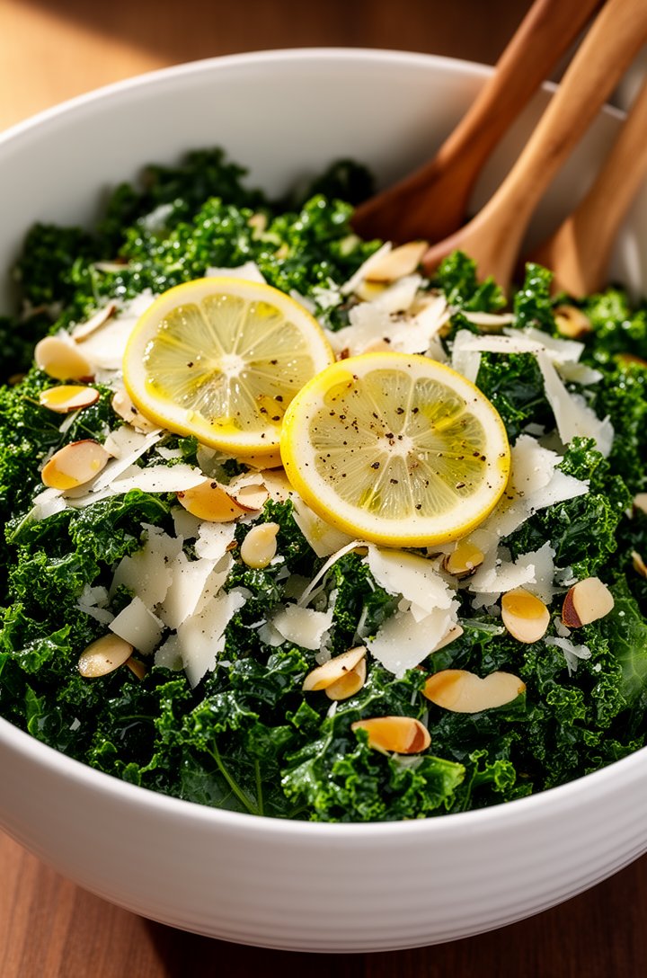 Extreme close-up of the finished kale salad from a slight 20-degree angle, deep green kale leaves coated in olive oil and lemon dressing, generous shavings of white Parmesan clinging to every leaf, go