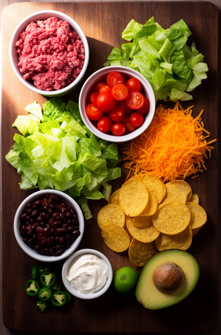 Overhead flat-lay of taco salad ingredients arranged on a dark wood cutting board before assembly — a small bowl of raw ground beef, a pile of chopped romaine lettuce, halved cherry tomatoes in a rame