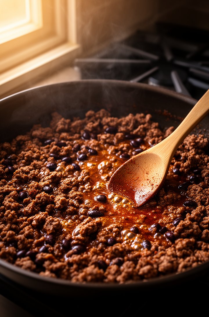 Close-up 30-degree angle of seasoned ground beef simmering in a dark skillet, beef crumbles coated in a thick glossy taco seasoning glaze with visible cumin and chili spice, black beans mixed througho