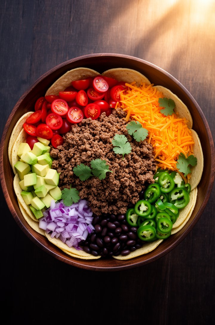 Overhead shot looking directly down into a large dark wooden bowl filled with taco salad — a generous mound of seasoned beef crumbles in the center surrounded by sections of halved cherry tomatoes, br