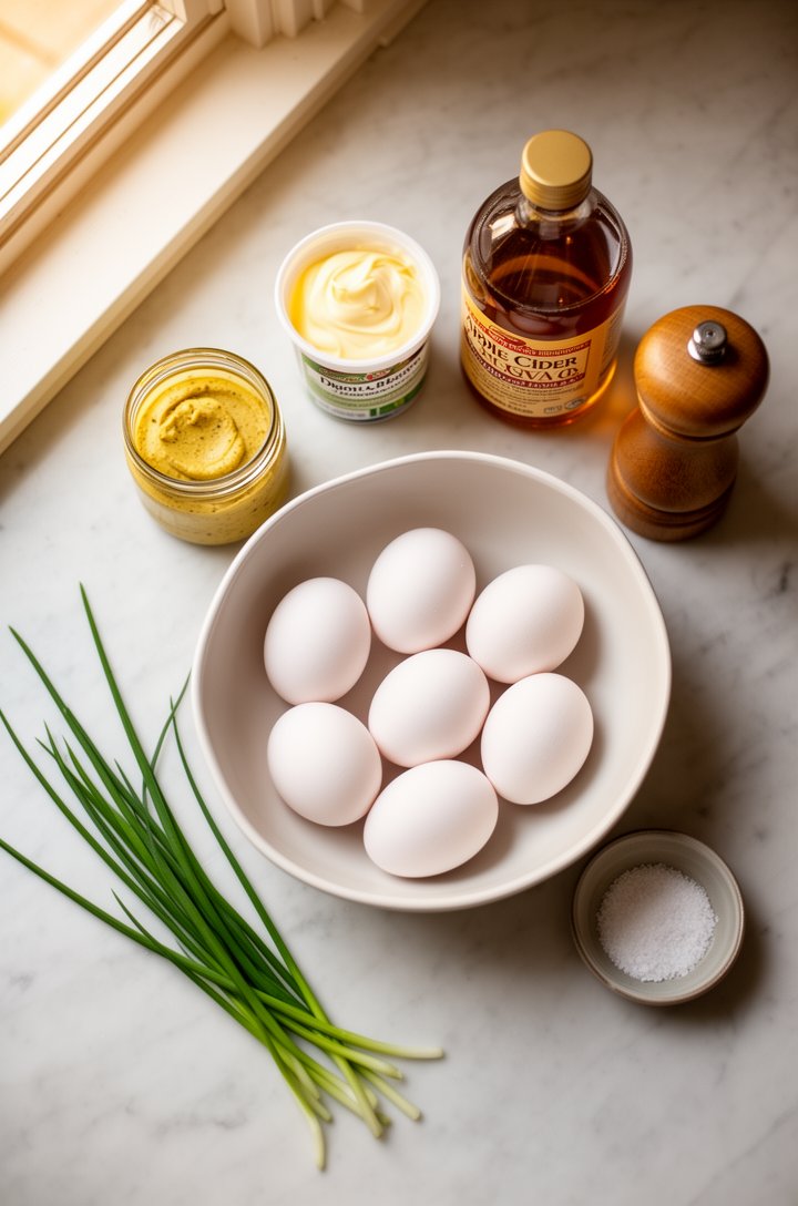 Overhead flat-lay of eight whole eggs in a bowl, a small jar of Dijon mustard, a bottle of apple cider vinegar, a container of mayonnaise, a pepper grinder, and a small dish of salt arranged on a ligh