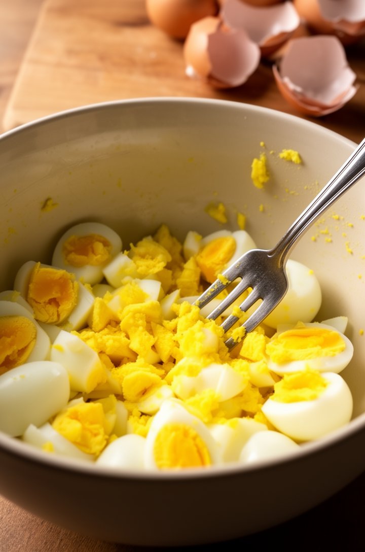 Close-up 45-degree angle of peeled hard-boiled eggs being chopped with a fork in a large light-colored mixing bowl, some eggs still whole showing perfectly cooked bright yellow yolks with no green rin