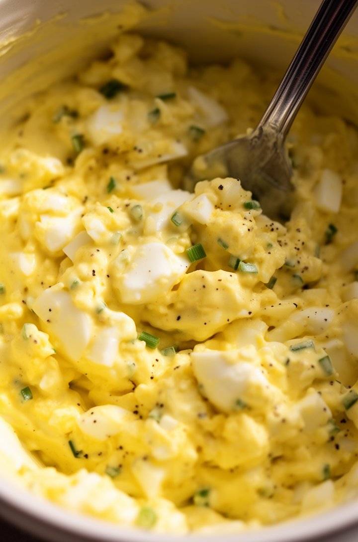Extreme close-up of creamy egg salad mixture in a bowl being folded together with a fork, visible chunks of white egg and creamy yellow dressing coating everything, small flecks of black pepper and ti