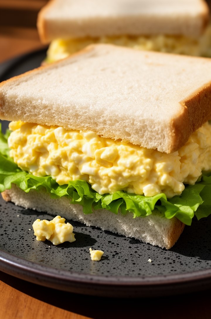 Close-up side angle of a finished egg salad sandwich on a dark speckled ceramic plate, thick generous layer of creamy egg salad visible between two slices of soft white bread, crisp green lettuce leav