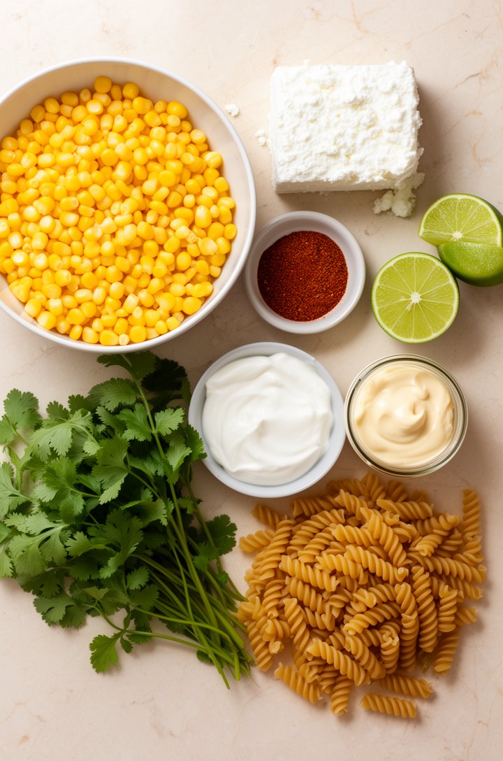 Overhead flat-lay of elote pasta salad ingredients arranged on a light marble countertop — a bowl of bright yellow corn kernels, a block of white crumbly cotija cheese, two limes cut in half, a small 