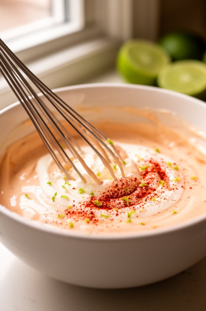 Close-up 45-degree angle of a whisk stirring creamy elote dressing in a medium white bowl — sour cream and mayo blended with visible specks of red chili powder, tiny flecks of green lime zest, smooth 