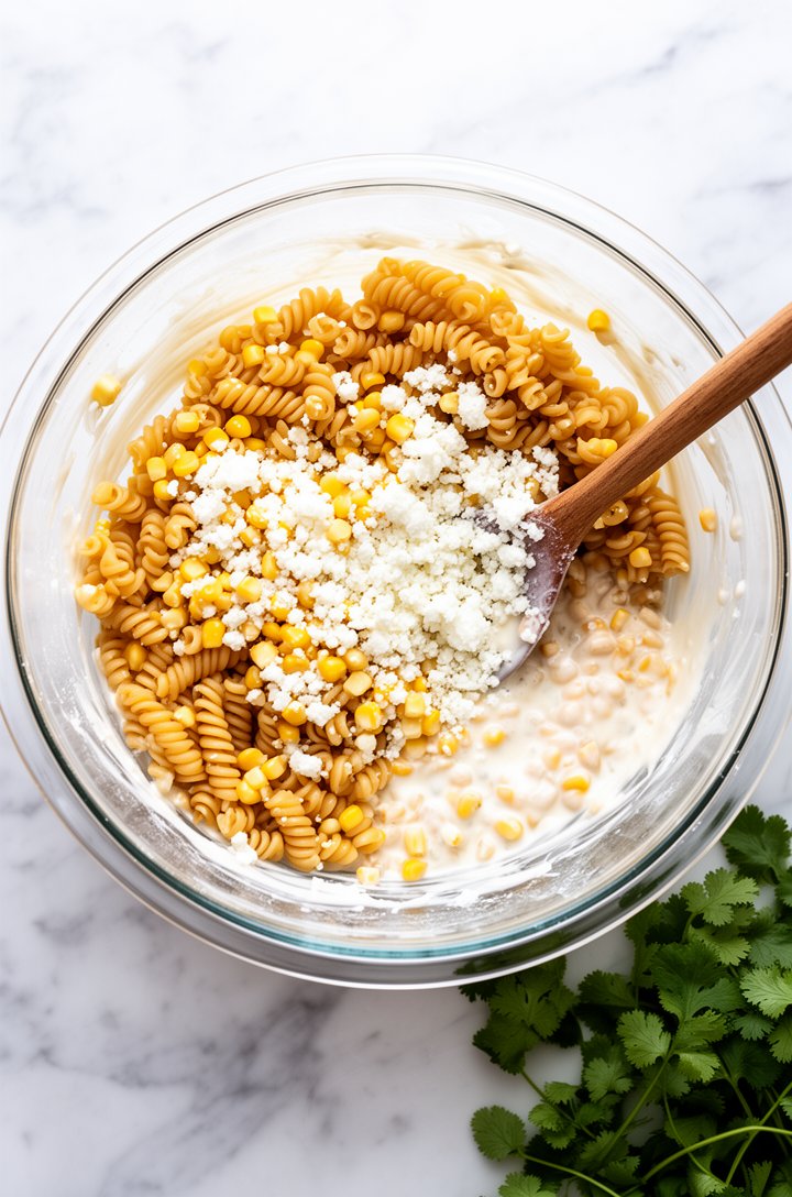 Overhead shot of a large glass mixing bowl with cooked rotini pasta, golden corn kernels, and white crumbled cotija being tossed together with creamy dressing, a wooden spoon mid-stir, some cilantro l