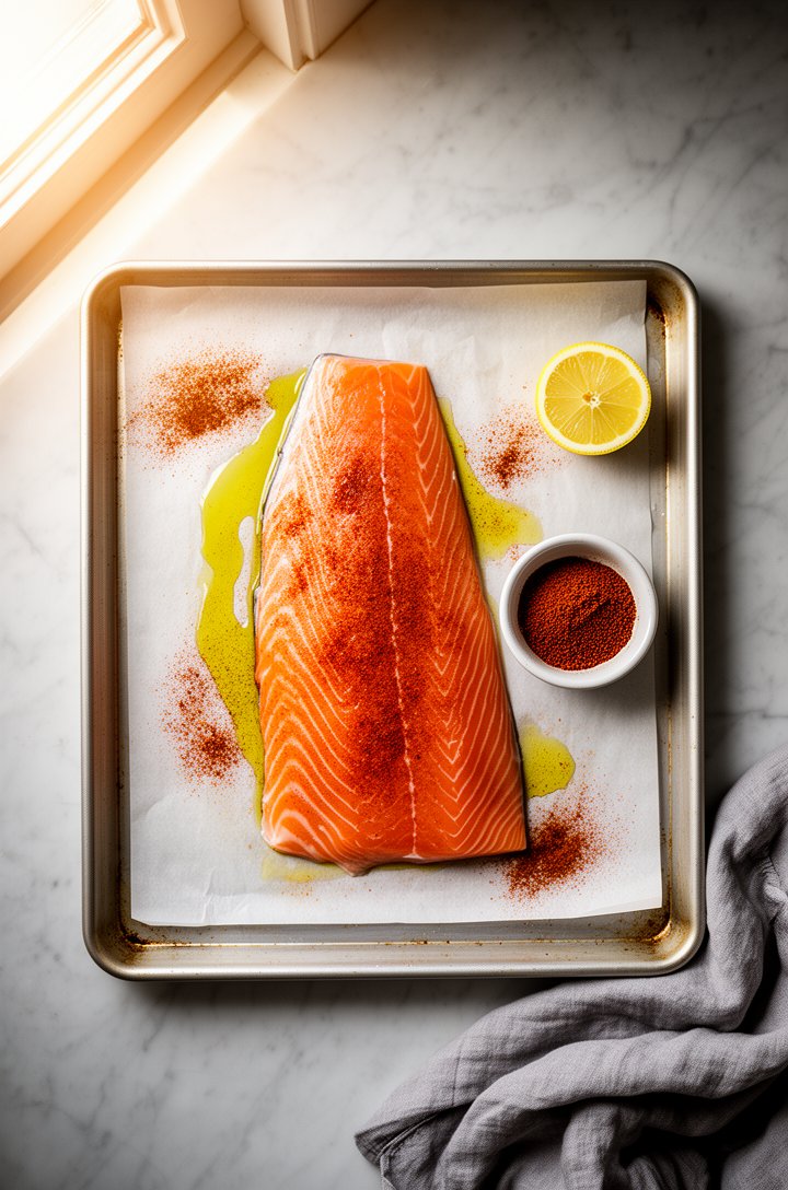 Overhead flat-lay of raw salmon fillet on a parchment-lined baking sheet, drizzled with olive oil and dusted with smoked paprika, a small pinch bowl of paprika and a halved lemon placed beside it on t