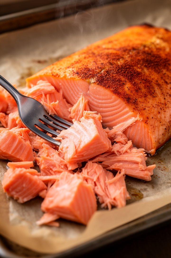 Close-up 45-degree angle of a fork flaking tender baked salmon into large coral-pink chunks on the parchment-lined baking sheet, the flesh separating along its natural grain into beautiful moist flake