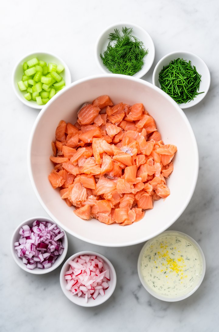 Overhead shot of a large white mixing bowl with flaked salmon chunks, small bowls of diced celery, diced red onion, grated radishes, chopped fresh dill and chives arranged around it in mise en place s