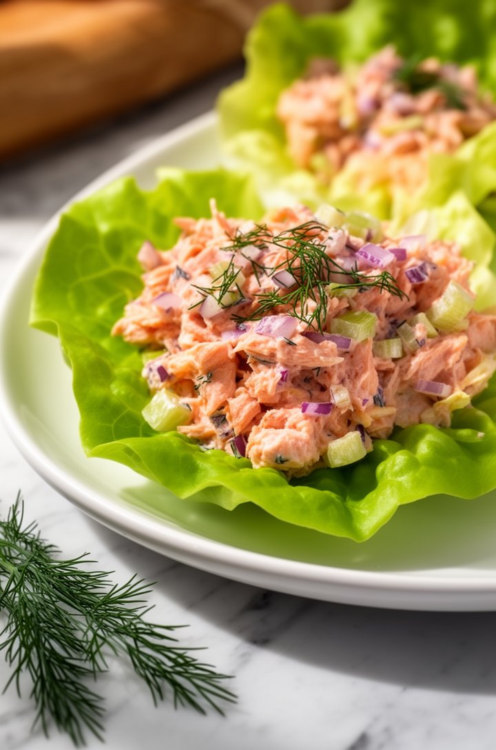 Extreme close-up macro shot of salmon salad being scooped into bright green butter lettuce cups on an oval white ceramic plate, the creamy pink salmon salad studded with green dill, purple red onion, 