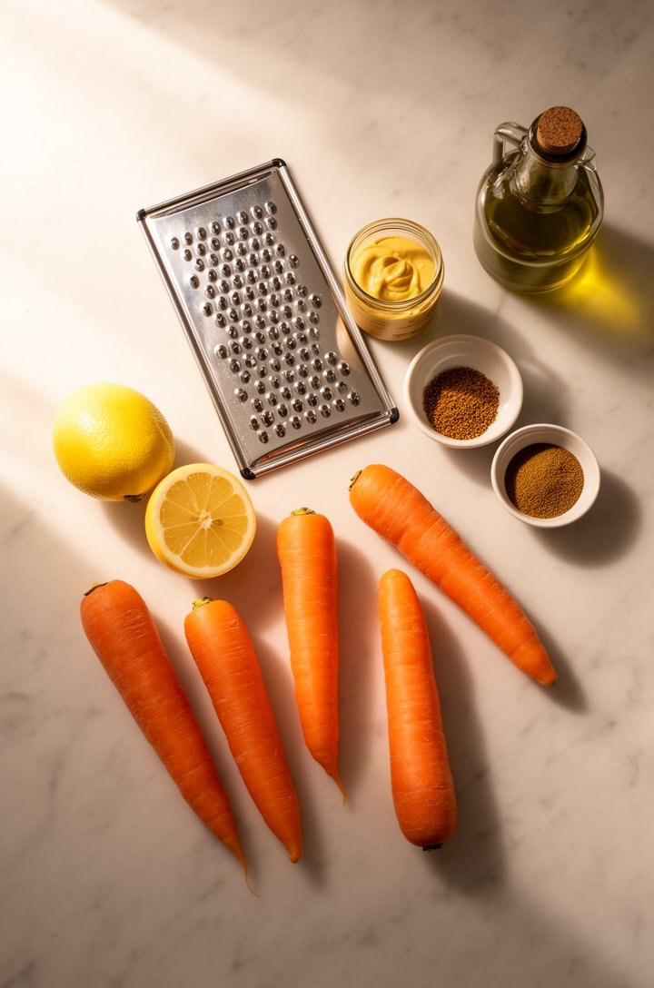 Overhead flat-lay of six whole unpeeled carrots arranged on a light marble countertop next to a box grater, a halved lemon, a small jar of Dijon mustard, a pinch bowl of ground cumin, and a bottle of 