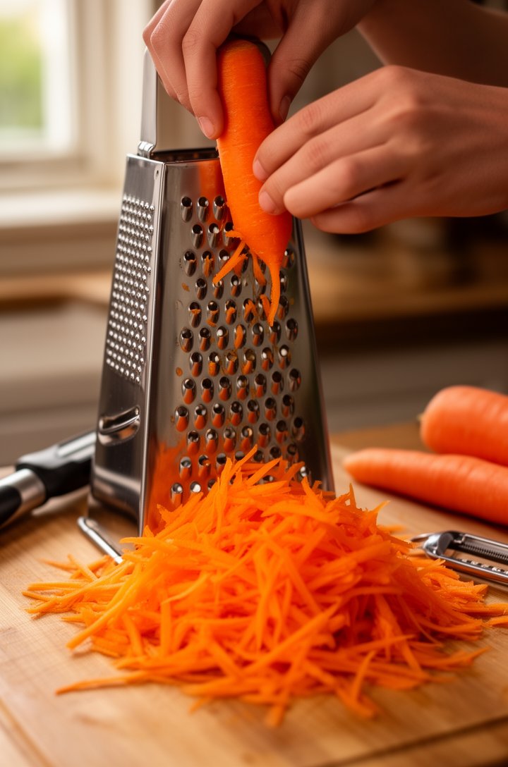 Close-up 30-degree angle of hands grating a bright orange carrot on the large holes of a stainless steel box grater, fluffy pile of long carrot shreds accumulating on a wooden cutting board below, a f