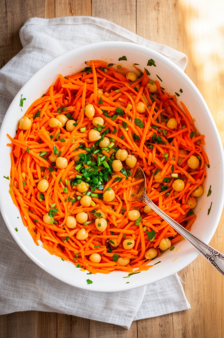 Overhead shot looking directly into a white ceramic serving bowl filled with bright grated carrot salad, individual carrot shreds visible and glistening with lemony dressing, scattered chickpeas, flec