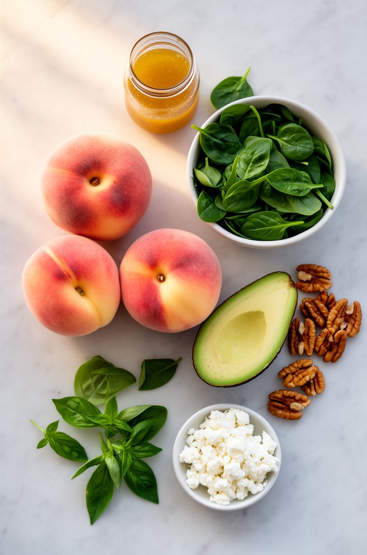 Overhead flat-lay of peach salad ingredients arranged on a light marble surface — three whole ripe peaches with rosy blush skin, a bowl of deep green baby spinach, a halved avocado showing the creamy 