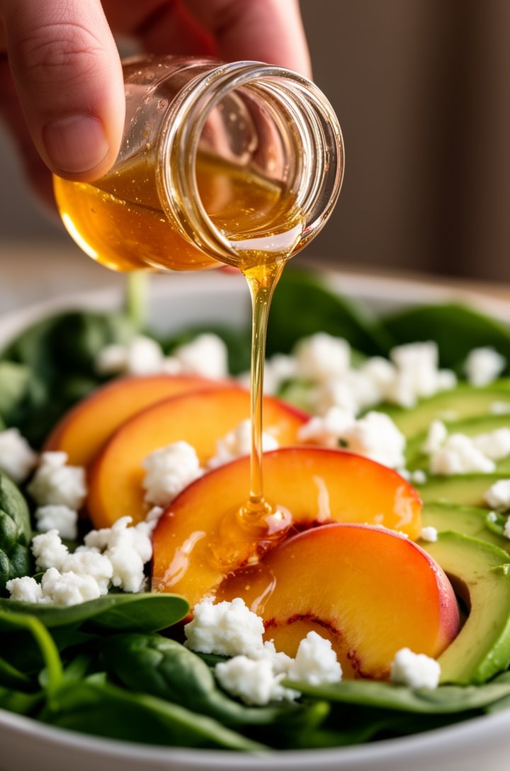 Close-up 30-degree angle of a hand pouring golden honey vinaigrette from a small glass jar over a bowl of fresh peach salad, the stream of dressing catching warm natural side light and looking glossy 