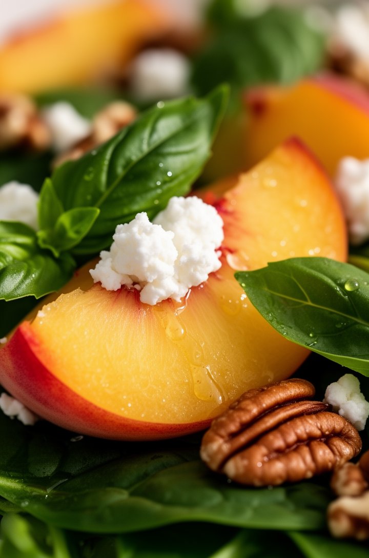 Extreme close-up macro of peach salad detail — a single golden peach wedge with visible blush-red skin edge resting on dark green spinach, a crumble of white feta cheese sitting on the peach, a torn b