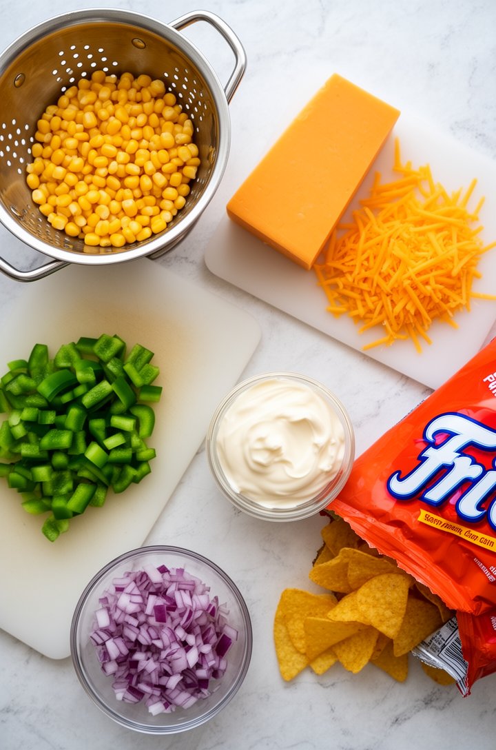 Overhead flat-lay of all frito corn salad ingredients arranged on a light marble countertop — two opened cans of golden corn kernels drained in a colander, a block of sharp orange cheddar with a pile 